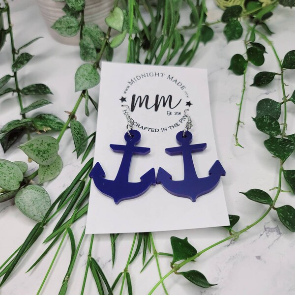 Anchor shape nautical marine earrings. Lightweight cute drop dangle earring. Navy. Midnight Made