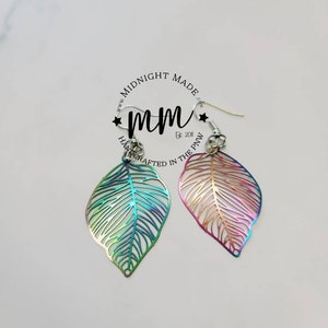 Shimmer Shiny Rainbow Tropical Leaf Earrings with Gold