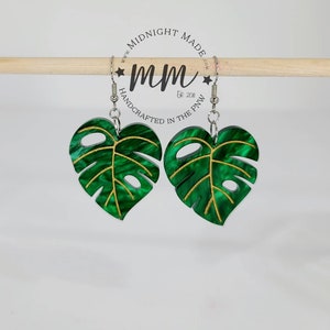 Shimmer Green Monstera Leaf Earrings with Gold