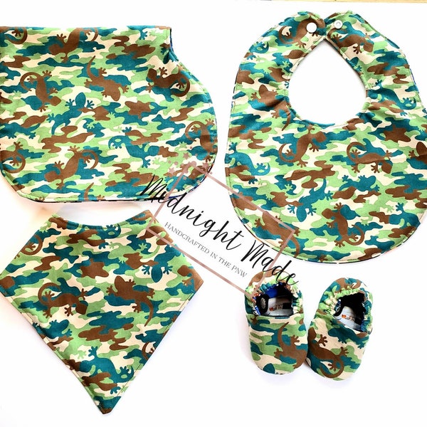 Camo camouflage gecko animal dinosaur baby set, baby bib, bib bandana, burp cloth, baby shoes baby mocs, toddler child Bib. Midnight Made