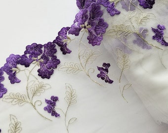 2 mètres de large 7,48 pouces, bordures en dentelle brodée floral violet foncé, garnitures en dentelle à mailles blanches pour robe de soirée, lingerie, garnitures de couture de soutien-gorge