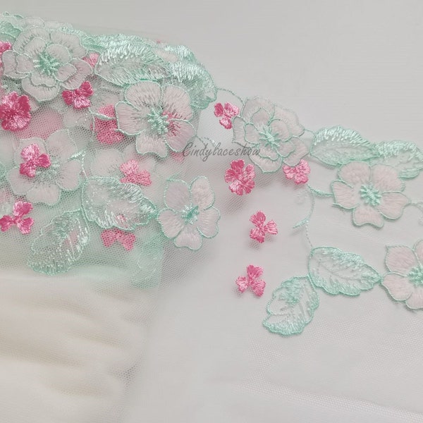 1Meter 9.84'' Wide Green Flowers Embroidery Lace Trim Fabric White Mesh Bra Lingerie Wedding Dress Decor Garment Sewing Trimmings