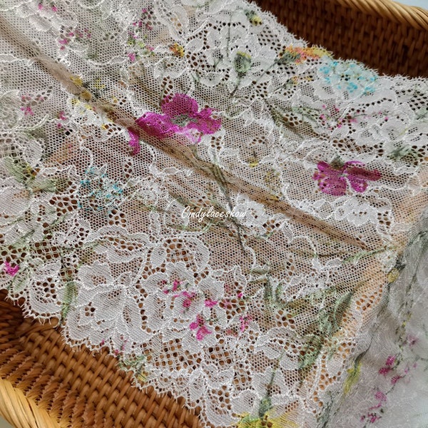 2Yards 8.26'' Wide Chinese Vintage Style Floral Printed Stretch Elastic Lace Trim For Bra Lingerie Clothes Underwear Sewing Fabric