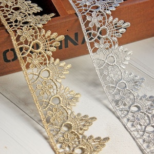 Vintage Silver Gold Metalic Gold Lace Trim, Gold Lace, Gold Scalloped Lace Trim By the Yard,Ribbon,Sewing Applique, Dress Edge