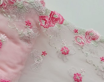 2 mètres 5,9 '' de largeur rose petites bordures en dentelle brodée florale maille blanche en tissu pour robe de fille à coudre accessoires de cheveux bricolage fait main