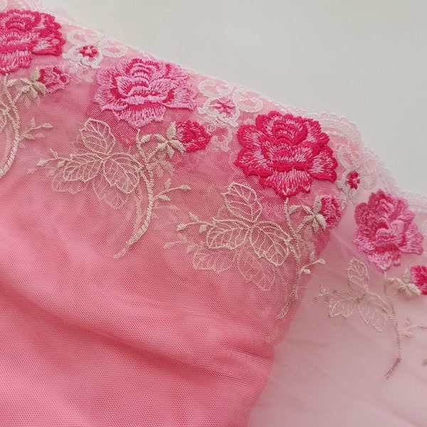 1Meter 9.05'' Width Red Peony Floral Embroidered Lace Trims Soft Watermelon Mesh Lace Farbics for Dress Bra Lingerie Sewing