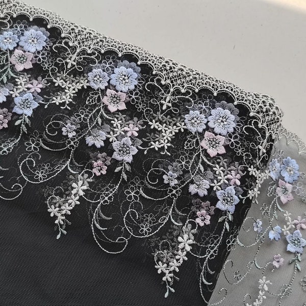 2Meters 8.26'' Width Pink Blue Floral Embroidered Lace Trimmings Black Mesh Lace Farbics for Lolita Dress Sewing Fabrics DIY Craft