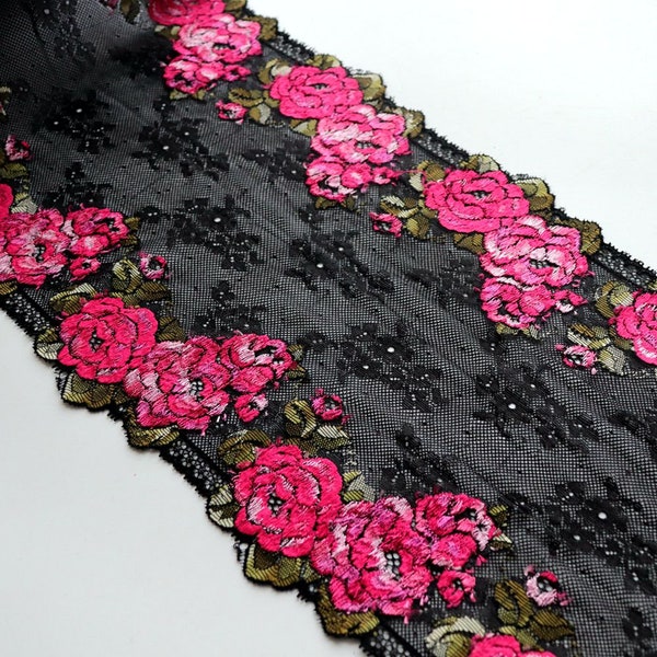 2Yards 8.1 '' Wide Hot Red Rose Floreale ricamato stretch elastico pizzo trim nero per reggiseno lingerie vestiti biancheria intima cucito tessuto