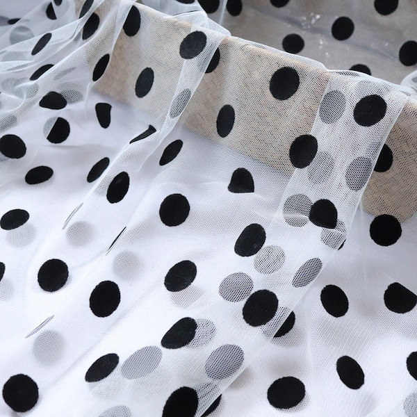 150cm wide 1 Meter black white flocked polka dot mesh tulle fabric High Quality Bridal Dress Wedding Decoration Fabric