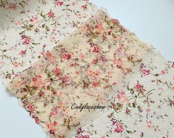 2Yards 9.05'' Wide Small Floral Printed Stretch Elastic Lace Trim Beige For Bra Lingerie Underwear Garment Garter Sewing Fabrics DIY