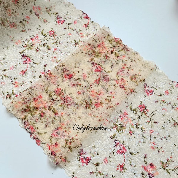 2Yards 9.05 '' breite kleine Blumen gedruckt Stretch elastische Spitzenbesatz Beige für BH Unterwäsche Kleidungsstück Strumpfband Nähen Stoffe DIY