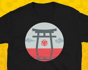 May include: Black t-shirt with a graphic of a red and gray Japanese torii gate with a white 20-sided die inside. The graphic is in a circle with a white background and gray clouds.