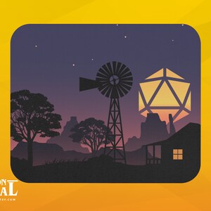 May include: Silhouette illustration of a desert landscape at dusk, featuring a windmill, trees, and a house. A large, glowing D20 die is in the sky. The image has a square shape with rounded corners and a yellow background.