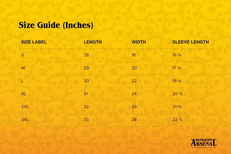 May include: A size guide in inches for apparel, with measurements for length, width, and sleeve length. Sizes range from S to 3XL, with lengths from 28 to 33 inches. The background is a yellow skull pattern.