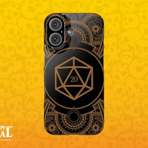 May include: Black phone case with a gold D20 die design. The case features a geometric pattern and the number 20 in the center. The background is a repeating pattern of yellow skulls. The Dungeon Arsenal logo is at the bottom.