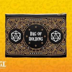 May include: Black zippered pouch with a gold geometric design and the text "Bag of Holding". The pouch features two white dice, one with a 20 and the other with a 1.