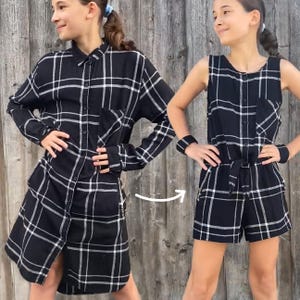 May include: Black and white plaid shirt dress and romper. The shirt dress has long sleeves and a button-down front. The romper features a sleeveless design, a tie waist, and a button-down front. Both garments have a pocket on the chest.