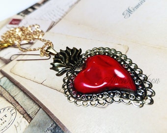 Collana votiva Ex Voto con Cuore Sacro oro e rosso 6,5 cm e catena acciaio