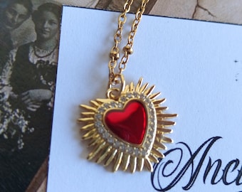 Collana girocollo Cuore Sacro placcato oro 14 carati smalto rosso e pavè di Zirconi, catenina acciaio spedizione gratis italia
