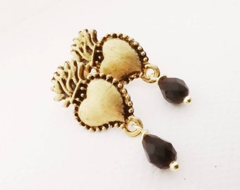Orecchini Sacro Cuore con gocce nere in cristallo Sacred Heart Earrings with black drops cabochon Heiliges Herz Heilige Ohrringe gold oro