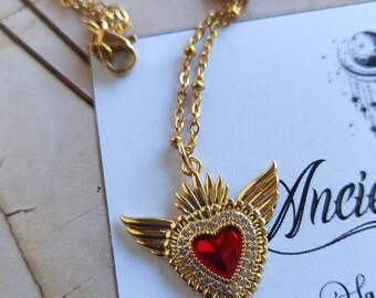 Collana votiva rosario Ex Voto Cuore Sacro placcato oro 14 carati smalto rosso e pavè di Zirconi, catenina acciaio spedizione gratis italia