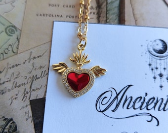 Collana Cuore Sacro alato piccolo placcato oro 14 carati smalto rosso e Zirconi, catenina acciaio spedizione gratis italia