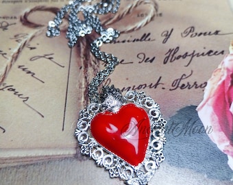 Collana votiva Ex Voto con Cuore Sacro argento e rosso 4,5 cm e catena acciaio