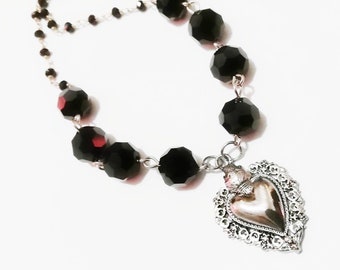 Sacred Heart necklace Ex voto rosary black crystals Sacred Heart necklace rosary crystals collier sacre coeur Halskette heiliges Herz