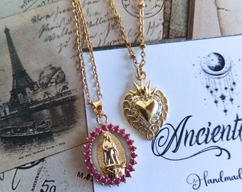 Collana Votiva PGR in acciaio doppia  con medaglietta Holy Mary, Vergine Maria e Cuore Sacro placcato oro 18 carati spedizione gratis italia