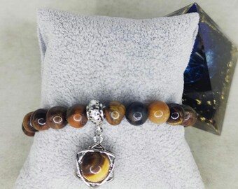 Bacciale Merkaba in Occhio di tigre naturale,elastico con chiusura gioiello in acciaio Made in Italy