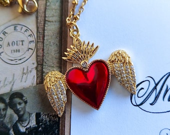 Collana votiva rosario Ex Voto Cuore Sacro placcato oro 14 carati smalto rosso e pavè di Zirconi, catenina acciaio spedizione gratis italia