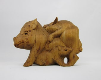 Wood carving Bali Pig pigs Indonesia Asia wood Asian handicrafts vintage 1950