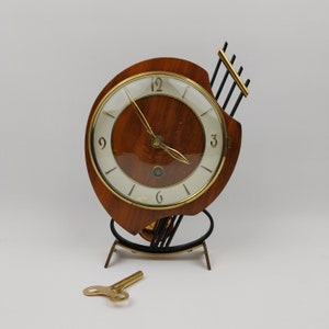 ORFAC pendulum table clock, wood, brass, key, Netherlands, 1960s, vintage, mid-century