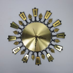 Clock JUNGHANS hanging clock wall clock sunburst wall metal gold color quartz Germany 1970 70&#39;s vintage