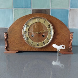 Germany pendulum clock mantel clock wood key 1950 50&#39;s vintage antique