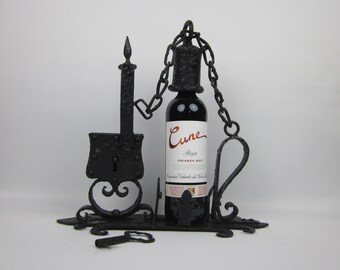 Weinschloss, Flaschenschloss, Kunsthandwerk aus Schmiedeeisen, handgeschmiedetes Eisen für 1 Flasche, mit Schloss und Schlüssel, Vintage-Stil der 1960er Jahre, ideal für die Männerhöhle, industriell