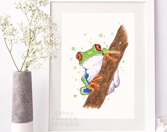 Red-Eyed Tree Frog Watercolour Fine Art Print : 'Peek-A-Boo!'