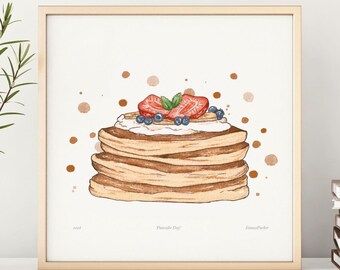 Fruchtiger Pfannkuchen Stapel Aquarell Fine Art Print | Küchen Back-Art