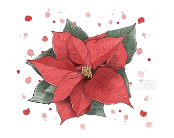 ポインセチアの絵画 クリスマスの花 水彩画 花のアートプリント 赤い