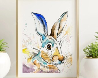 Watercolour Hare Fine Art Print | Colourful Unique Hare Painting | Wild Hare Art