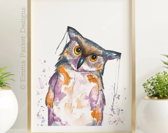 Colourful Watercolour Owl Fine Art Print | Cute Unique Owl Painting |