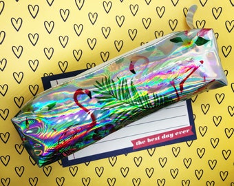 Estuche de lápices iridiscente - holográfico, holograma, brillante, papelería, estampado, estuche de lápices, bolígrafos, lápices, novedad, kawaii, lindo, escuela, diversión