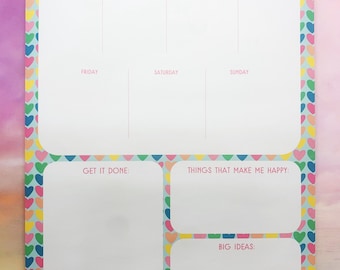 Bloc de notas semanal A5, Mi semana, Colorido, Corazones, Bonito, Portátil, Planificación, Listas, Motivación, Establecimiento de objetivos, Planificador de escritorio, Kawaii, Divertido