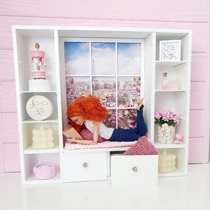 Diorama miniatures up to 13”, Bookcase with window, 1/6 scale doll furniture, Wardrobe with shelves for dollhouse, roombox