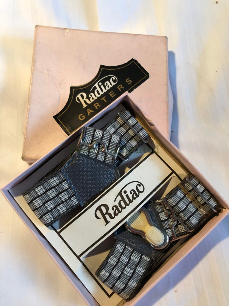 Image of Vintage Gentleman's Traditional Radiac Sock Suspenders/Garters Grey Check Pattern