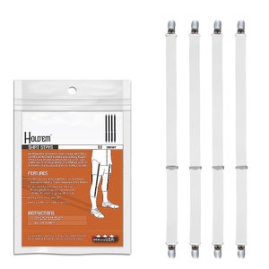 Könnte beinhalten: Vier weiße Hemdhalter mit silbernen Clips. Die Verpackung zeigt einen Mann, der die Hemdhalter trägt, und den Text "Hold'em Shirt Stays" und "Made in the USA".