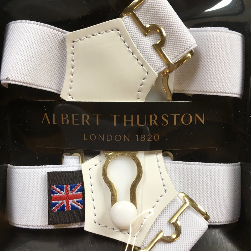 Albert Thurston White Moire Braces White Braid Ends and Tabs Gold