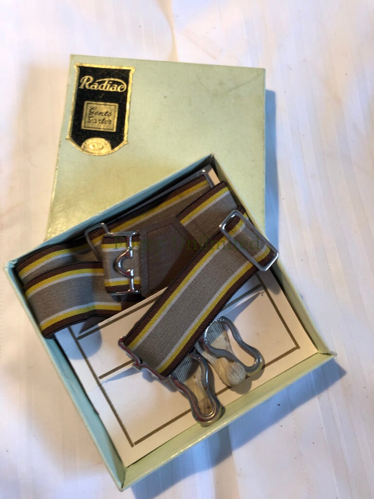 Image of Vintage Gentleman's Traditional Radiac Sock Suspenders/Garters Brown Stripe