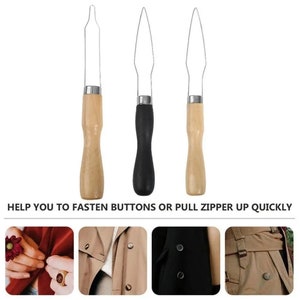 May include: Three button hook tools with wooden handles. The tools have a metal loop at the top and a pointed tip. The tools are used to fasten buttons or pull zippers up quickly.  "HELP YOU TO FASTEN BUTTONS OR PULL ZIPPER UP QUICKLY" text is visible at the bottom of the image.