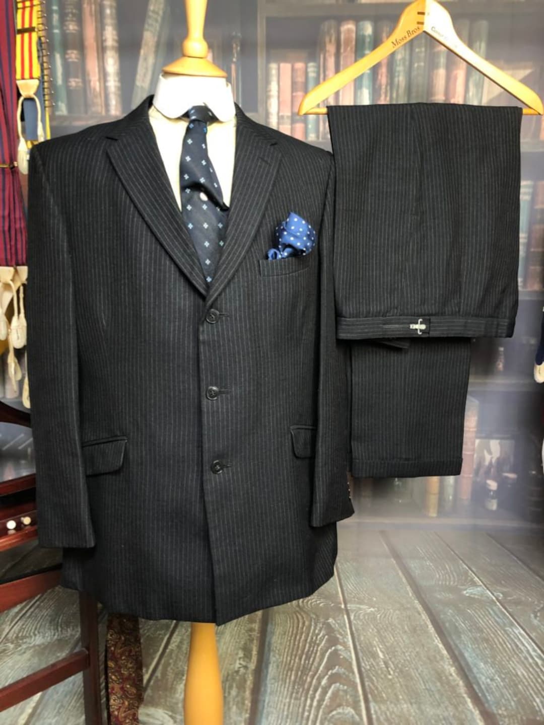 Vintage 3 Piece Bespoke Black Pinstripe Suit Hector Powe Dated 1979 42C